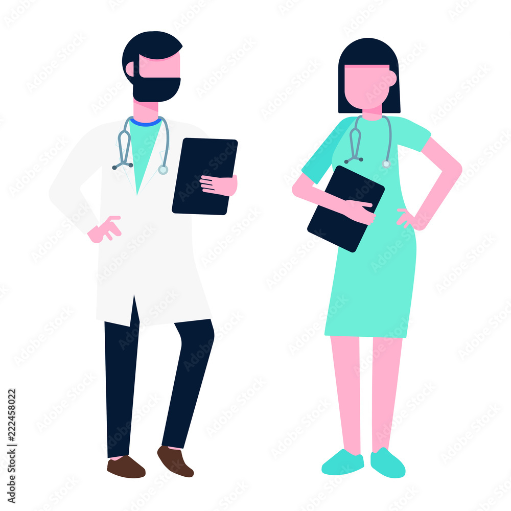 Doctor and nurse medical hospital center employee flat style design vector illustration isolated on white background. Doctor and nurse medical hospital center employee flat style design vector illustration isolated on white background.