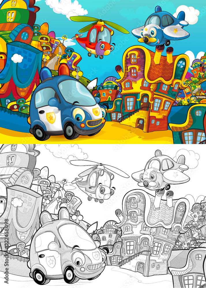 cartoon scene with different vehicles in the city car and flying machines - plane and helicopter - with artistic coloring page - illustration for children