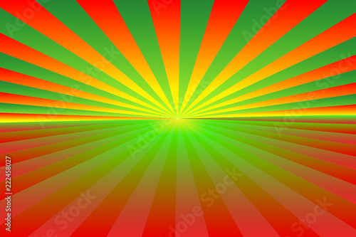 Christmas theme background. Abstract sunburst pattern of gradient green, red, orange and yellow rays; bottom copy-space for add text. Vector illustration. Use as background, montage, mock-up template