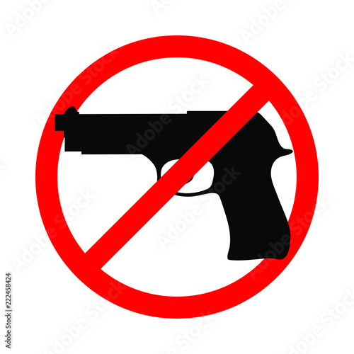 Weapons no icon. Stop guns sign. Gun in the red prohibition sign. Isolated icon on white background. Vector illustration