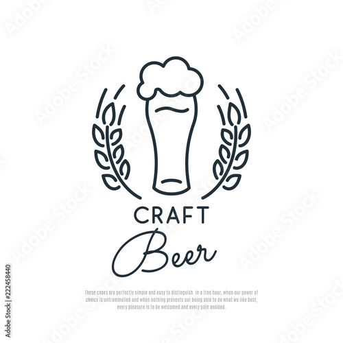 Craft Beer Icon. Glass of beer with foam and spikelets of wheat. Line art emblem. Vector illustration.