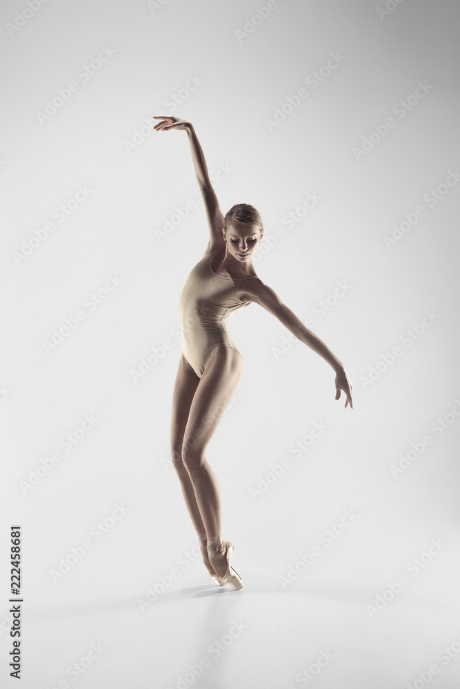 Fototapeta premium Young graceful female ballet dancer or classic ballerina dancing on white studio. Caucasian model on pointe shoes