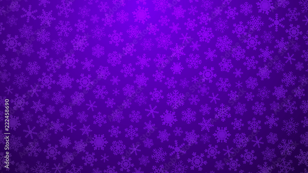 Christmas illustration with various small snowflakes on gradient background in purple colors