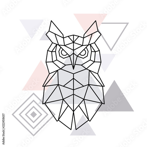 Polygonal Owl on minimalist triangle background. Geometric poster. Vector design template.