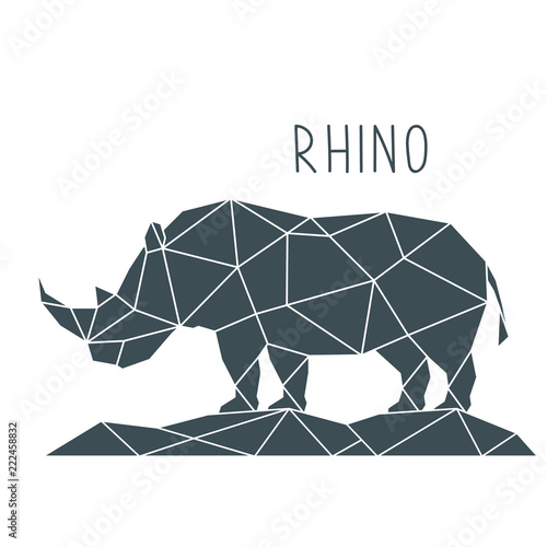 Polygonal Rhino Illustration. Geometric poster with wild animal and lettering. Vector design template.