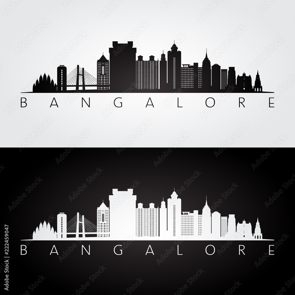 Bangalore skyline and landmarks silhouette, black and white design, vector illustration.