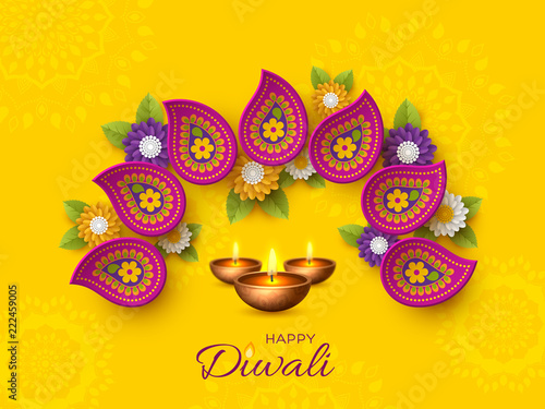 Diwali festival holiday design with paper cut style of Indian Rangoli and diya - oil lamp. Purple color on yellow background. Vector illustration.