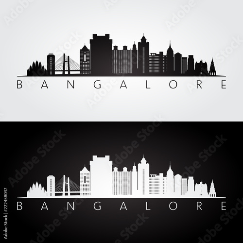 Bangalore skyline and landmarks silhouette, black and white design, vector illustration.
