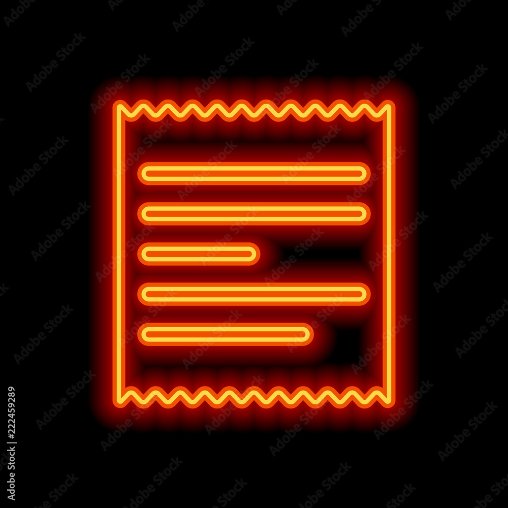 Receipt icon. Orange neon style on black background. Light icon Receipt icon. Orange neon style on black background. Light icon