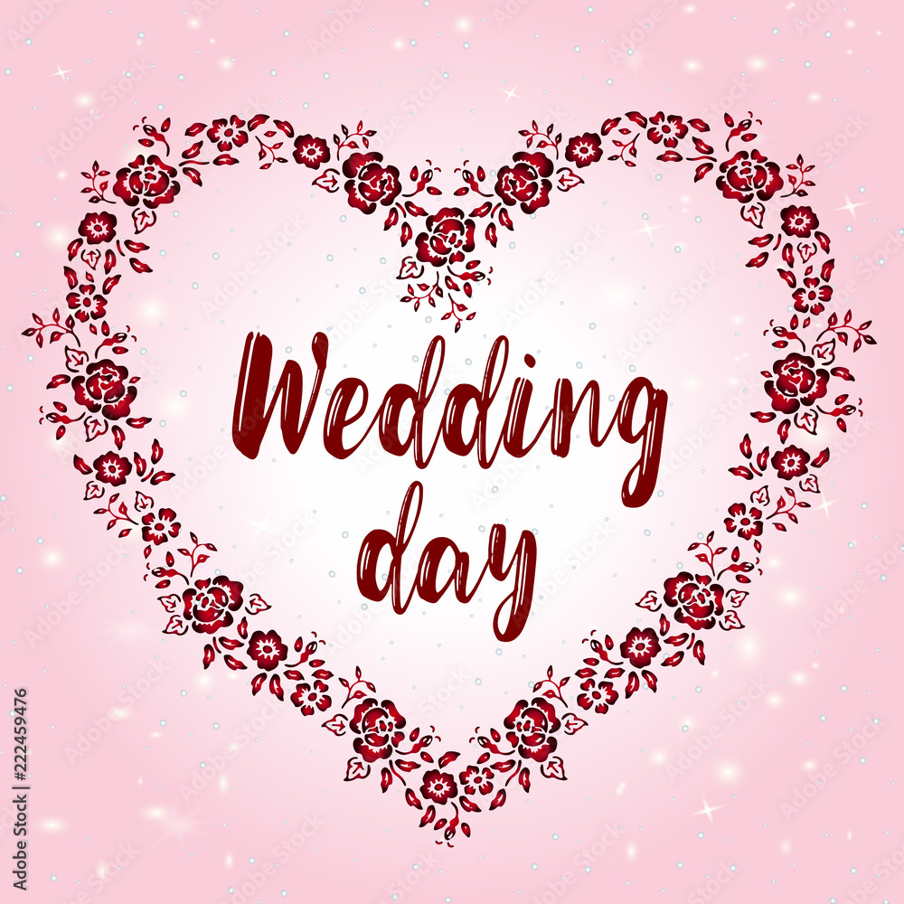 Flat wedding invitation with a floral frame. Beautiful layout for a romantic day of love Flat wedding invitation with a floral frame. Beautiful layout for a romantic day of love