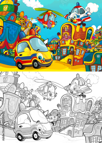 cartoon scene with different vehicles in the city car and flying machines - police plane and helicopter - with artistic coloring page - illustration for children