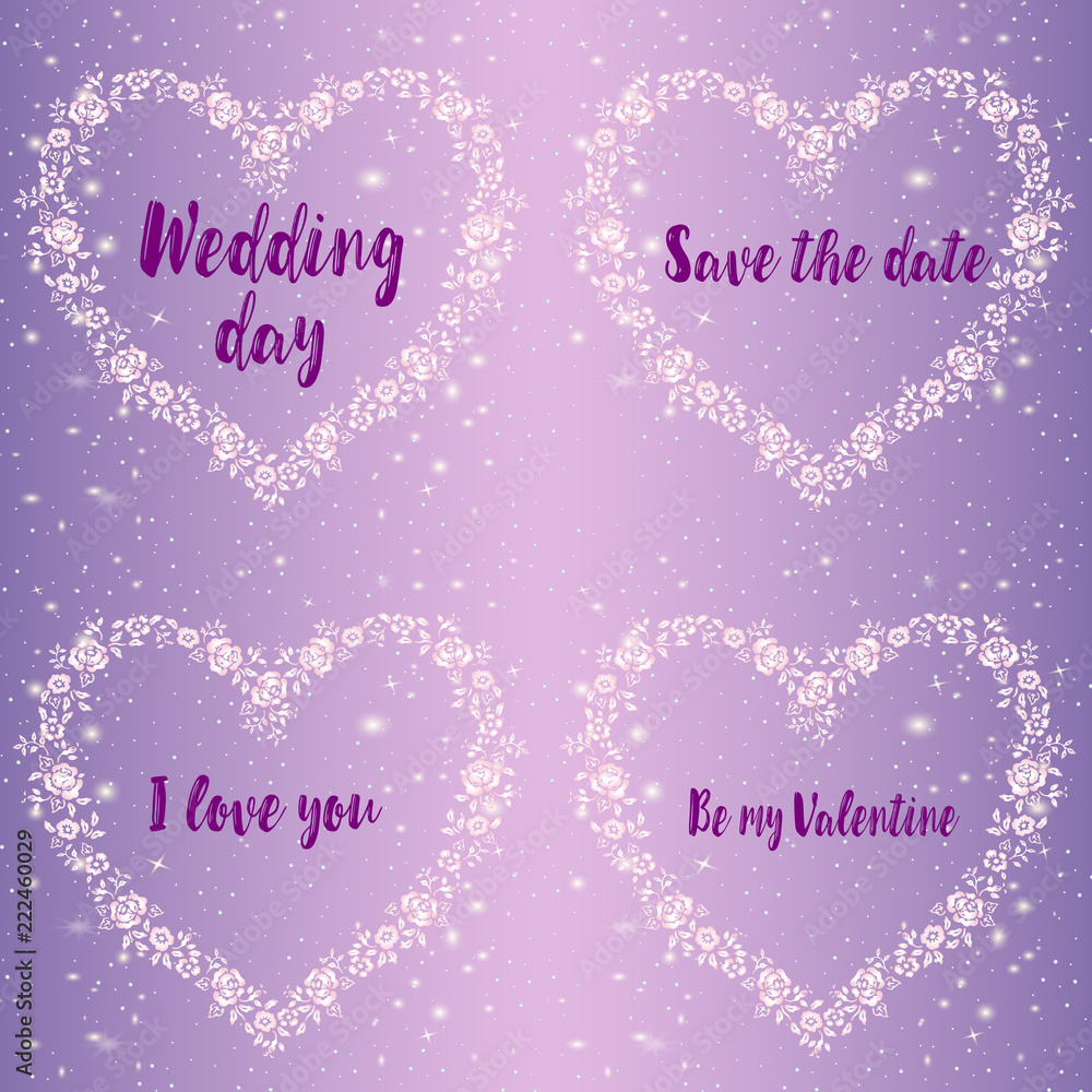 a set of romantic cards for the wedding day. Beautiful heart-shaped frame of flowers and romantic inscriptions