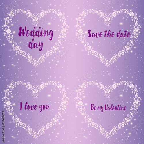 a set of romantic cards for the wedding day. Beautiful heart-shaped frame of ...