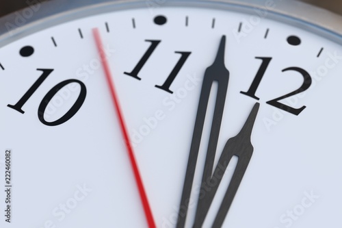 Deadline and time concept. Close up view on clock showing twelve hours. 3D rendered illustration.