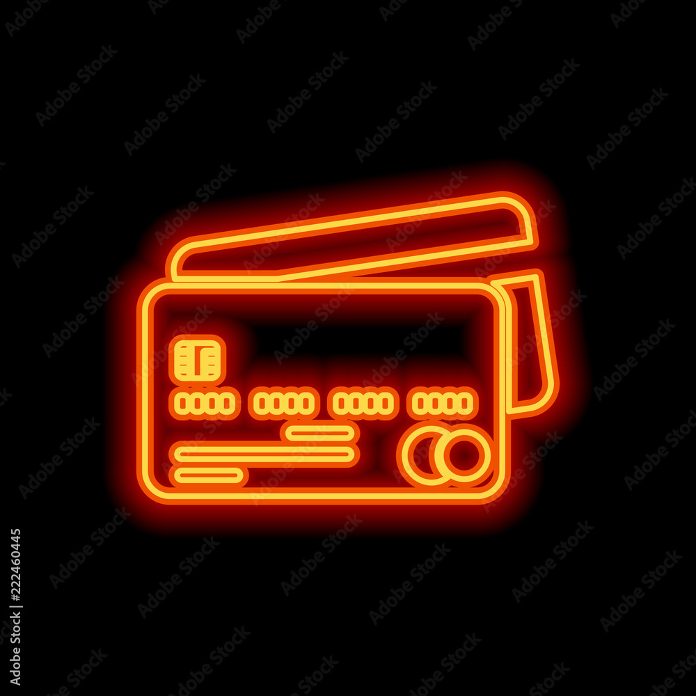 credit card icon. Orange neon style on black background. Light i credit card icon. Orange neon style on black background. Light i