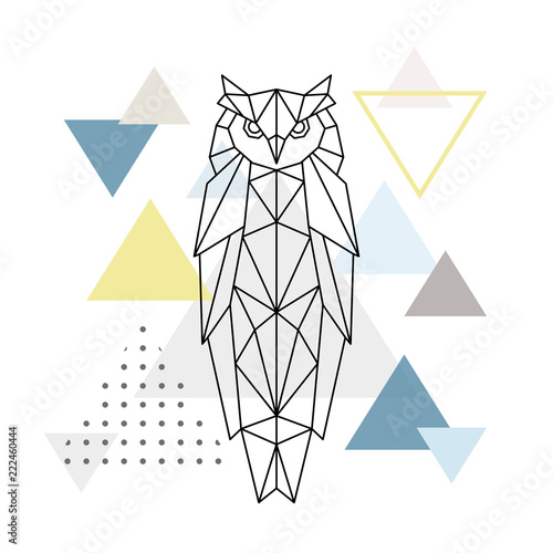 Polygonal owl on abstract background with triangles. Poster in Scandinavian style. Animal vector illustration.