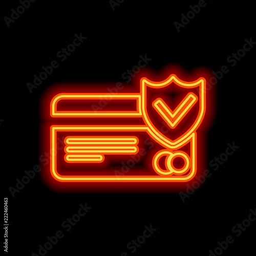 credit card protection icon. Orange neon style on black backgrou