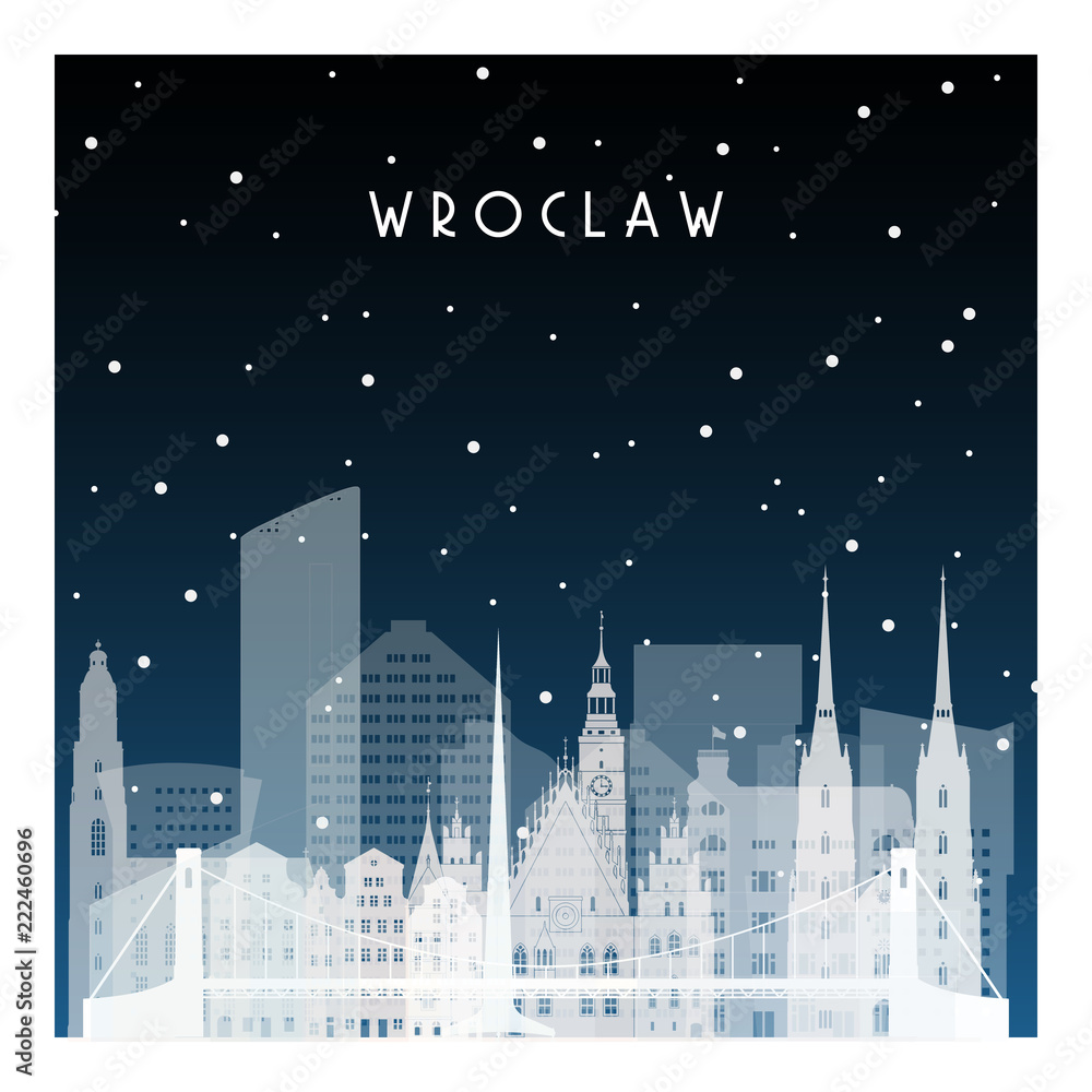 Winter night in Wroclaw. Night city in flat style for banner, poster, illustration, background.