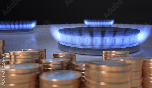 Flame from gas burner and money in front. 3D rendered illustration.