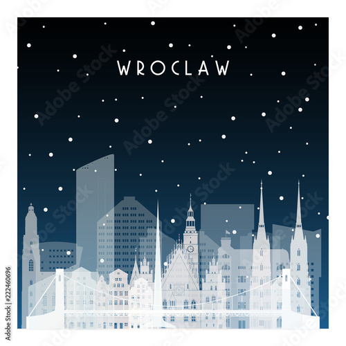 Winter night in Wroclaw. Night city in flat style for banner, poster, illustration, background.