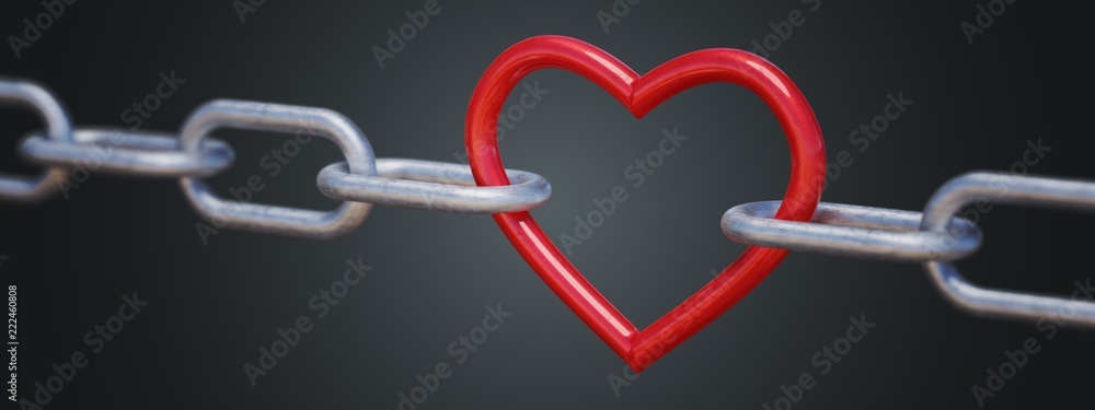 Obraz premium Red metalic heart in chain on black background. 3D rendered illustration.