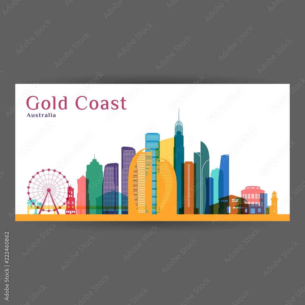 Gold Coast city architecture silhouette. Colorful skyline. City flat design. Vector business card.