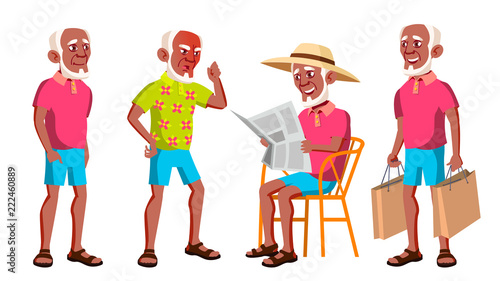 Old Man Poses Set Vector. Black. Afro American. Elderly People. Senior Person. Aged. Funny Pensioner. Leisure. Postcard, Announcement, Cover Design. Isolated Cartoon Illustration
