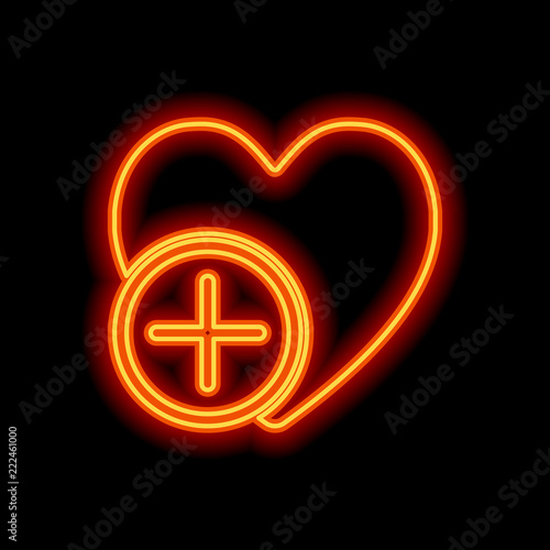 heart and plus. simple silhouette. Orange neon style on black ba