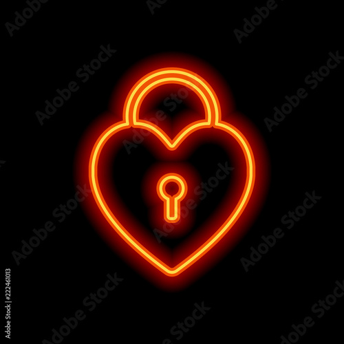 heart lock, padlock. simple silhouette. Orange neon style on bla