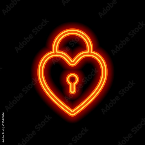 heart lock, padlock. simple silhouette. Orange neon style on bla