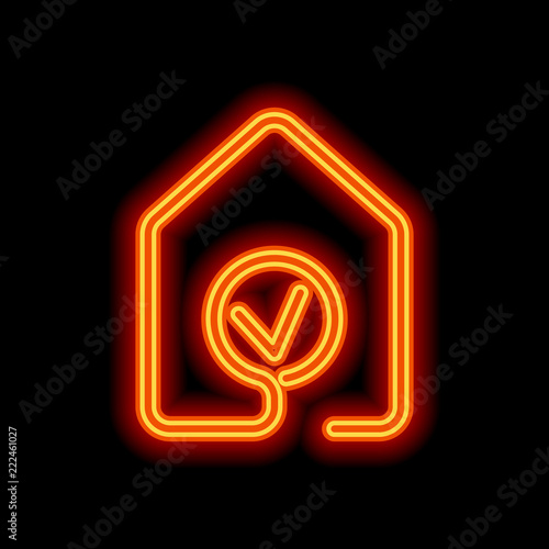 house with check mark icon. line style. Orange neon style on bla