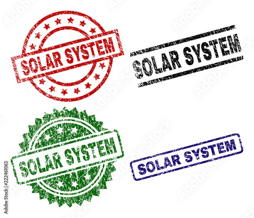 SOLAR SYSTEM seal prints with distress style. Black, green,red,blue vector rubber prints of SOLAR SYSTEM label with retro texture. Rubber seals with round, rectangle, rosette shapes.