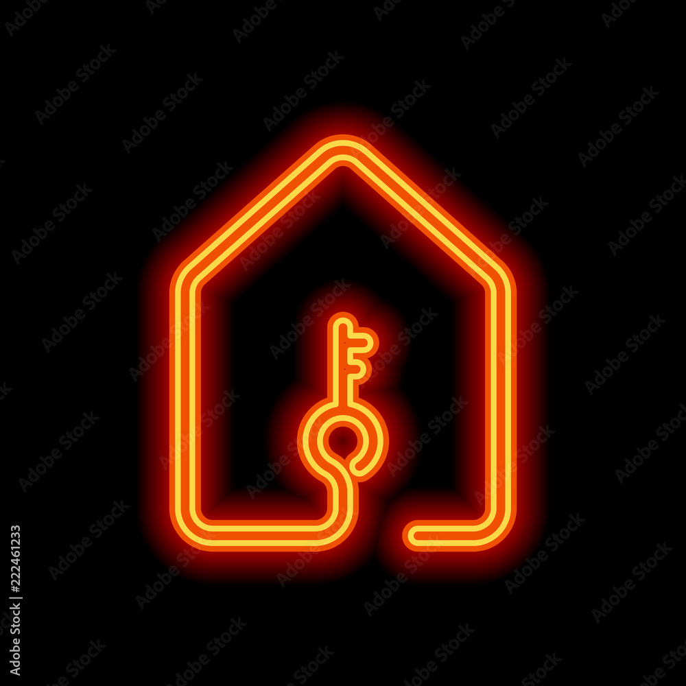 house with key icon. line style. Orange neon style on black back