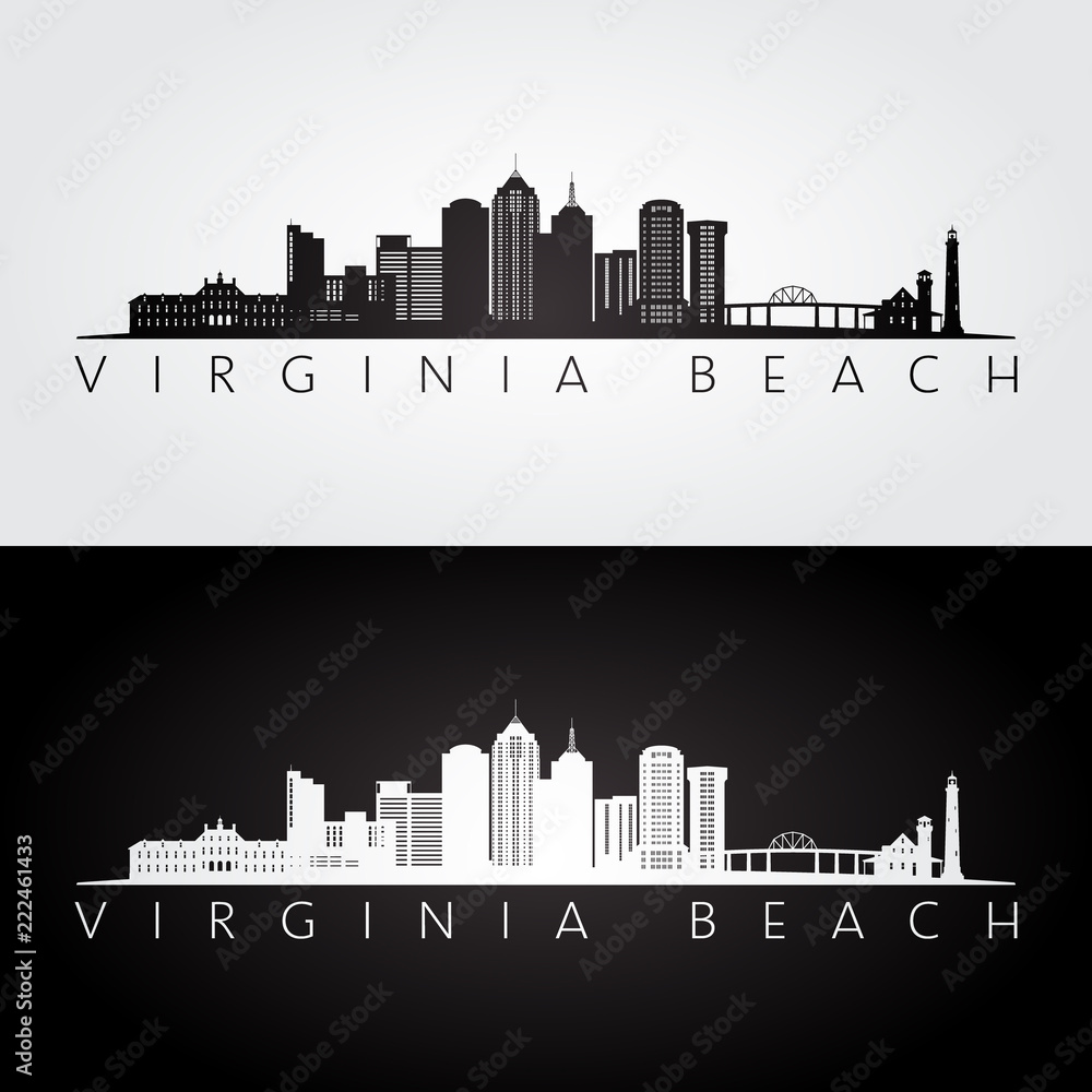 Virginia Beach, USA skyline and landmarks silhouette, black and white design, vector illustration.