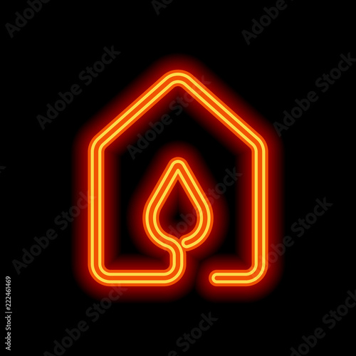 house with water drop icon. line style. Orange neon style on bla