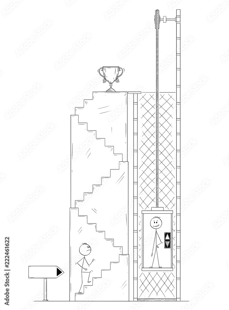 Cartoon stick drawing conceptual illustration of man or businessman walking up the stairs for winner's trophy cup, while his competitor is using elevator or lift. Business concept of success and Cartoon stick drawing conceptual illustration of man or businessman walking up the stairs for winner's trophy cup, while his competitor is using elevator or lift. Business concept of success and