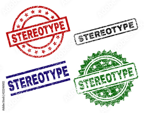 STEREOTYPE seal prints with distress texture. Black, green,red,blue vector rubber prints of STEREOTYPE caption with grunge texture. Rubber seals with circle, rectangle, medal shapes.