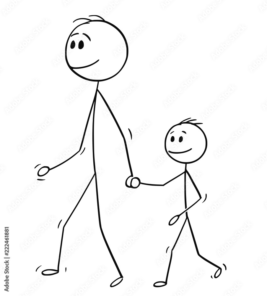 Cartoon stick drawing conceptual illustration of father walking with son  and holding his hand. Stock Vector | Adobe Stock