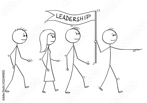 Cartoon stick drawing conceptual illustration of leader with leadership flag leading a team of business people. Business concept of leadership and management.