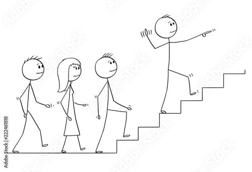 Cartoon stick drawing conceptual illustration of leader leading a team of business people upstairs. Business concept of leadership and management.