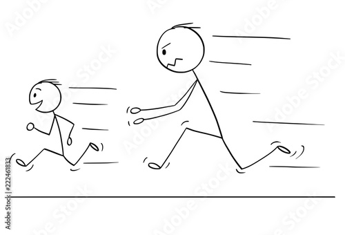 Cartoon stick drawing conceptual illustration of frustrated and angry father chasing naughty and disobedient son.