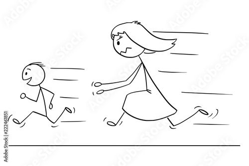 Cartoon stick drawing conceptual illustration of frustrated and angry mother chasing naughty and disobedient son.