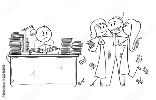 Cartoon stick drawing conceptual illustration of two students, one of them is learning from books and second one is partying with girls and alcohol.