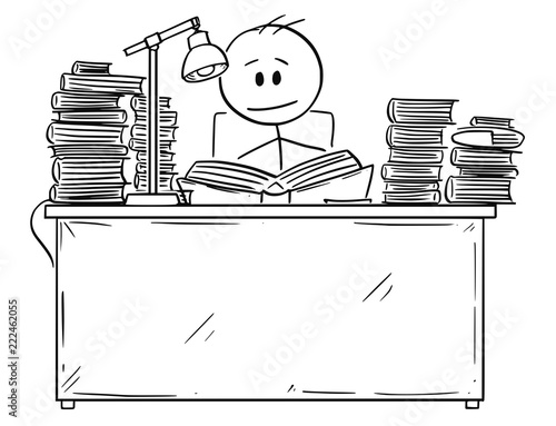 Cartoon stick drawing conceptual illustration of student sitting behind desk and reading or learning from one of many books. Concept of education.