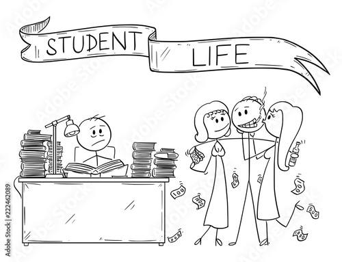 Cartoon stick drawing conceptual illustration of two students, one of them is learning from books and second one is partying with girls and alcohol. Illustration of student life.