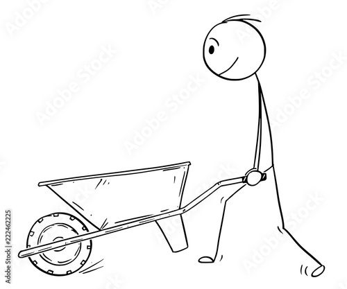Cartoon stick drawing conceptual illustration of man pushing empty wheelbarrow.