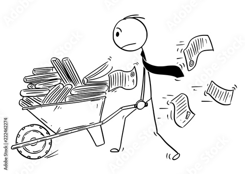 Cartoon stick drawing conceptual illustration of man, businessman or clerk pushing wheelbarrow full of office files and documents. Business concept of bureaucracy and paperwork.