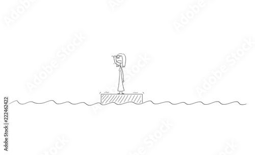 Cartoon stick drawing conceptual illustration of woman or businesswoman standing alone on the raft in the middle of ocean or nowhere looking for some hope or options to change his situation.