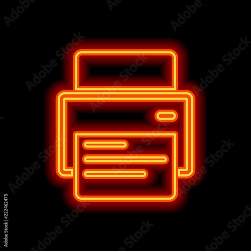 printer and paper. Orange neon style on black background. Light