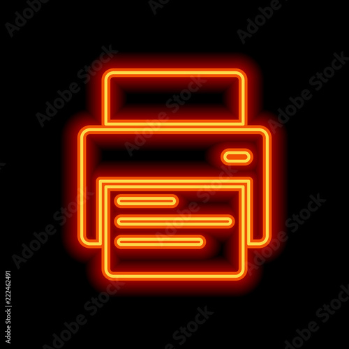 printer and paper. Orange neon style on black background. Light
